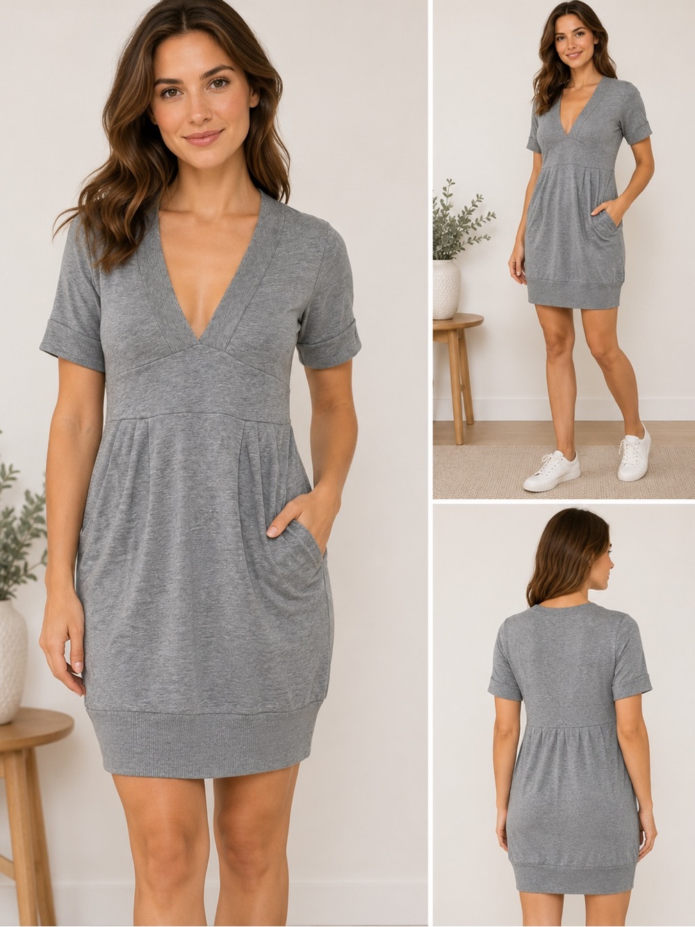 Plush & Lush Gray Sweatshirt Dress Medium V-Neck Pockets Casual Cozy Stretch